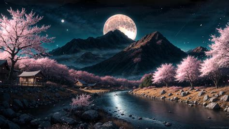 Cherry Blossoms Moon Night Live Wallpaper - MoeWalls