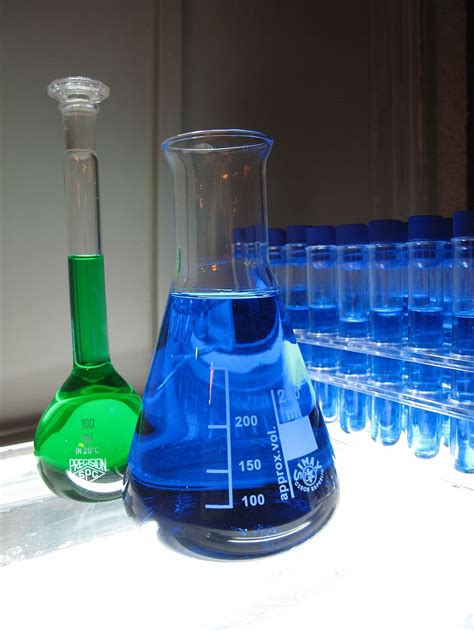 two, green, blue, liquid, filled, clear, glass containers, lab ...