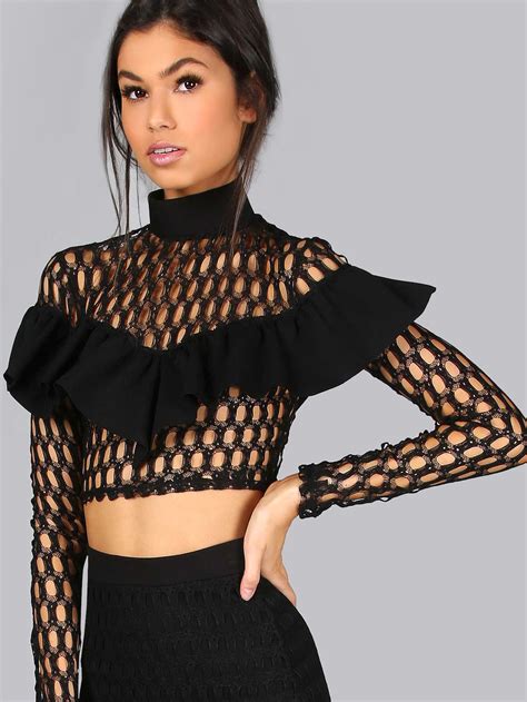 Mock Neck Frilled Netted Lace Crop Top -SheIn(Sheinside)