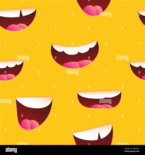 Seamless Pattern with smiling lips, mouth with tongue, white toothed smile expression mouth ...