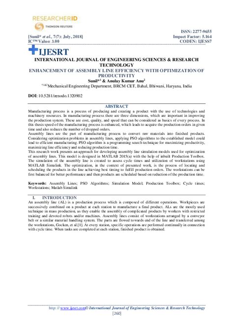 (PDF) ENHANCEMENT OF ASSEMBLY LINE EFFICIENCY WITH OPTIMIZATION OF PRODUCTIVITY | IJESRT Journal ...