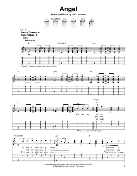 Angel by Jack Johnson Sheet Music for Easy Guitar Tab at Sheet Music Direct