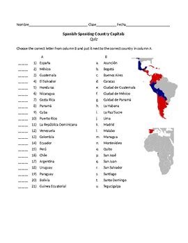 Spanish-Speaking Countries Capitals Quiz w/answer key by Jennifer Richardson