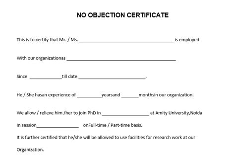 20 Free Sample No Objection Certificate Templates - Printable Samples