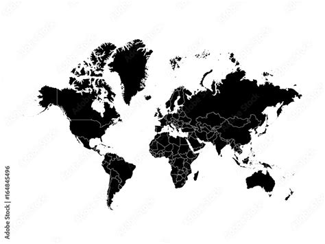 Black World map political, isolated on white background. Worldmap Vector template. Flat world ...