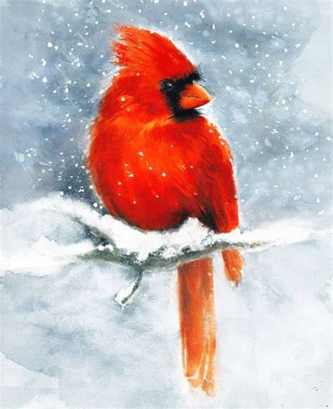 Cardinal Watercolor Art Print. Winter Snow Red Bird Painting. | Etsy ...