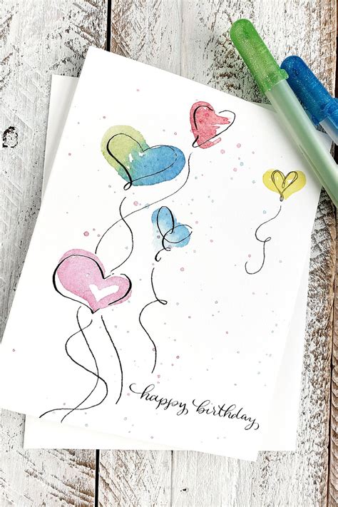 Happy Birthday Watercolor Heart Balloon Greeting Card