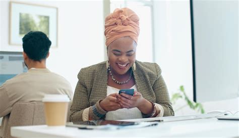 Premium Photo | Business phone office and black woman laughing at funny ...