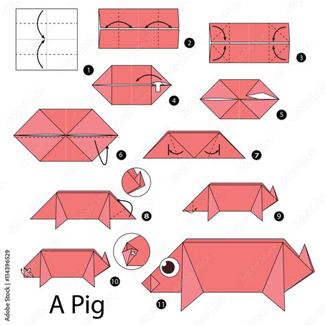Step by step instructions how to make origami A Pig. Stock Vector ...