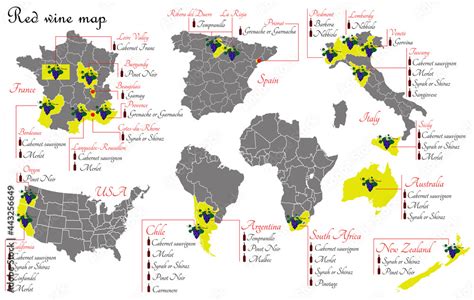 Red wine maps. Wine production maps showing grape varieties. Regions of ...