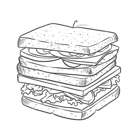 Sketch Of A Sandwich In Black And White Outline Drawing Vector, Sandwich Drawing, Sandwich ...