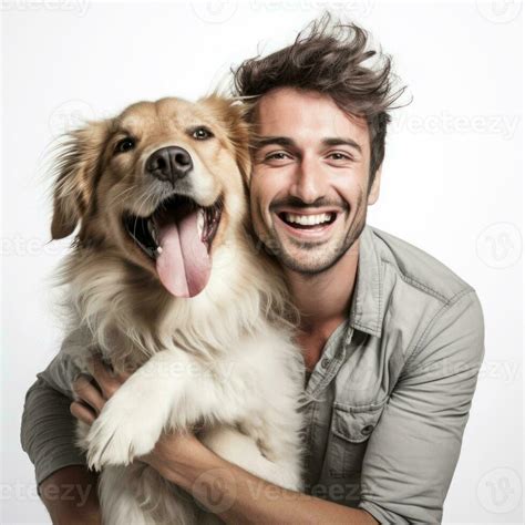 Happy man hugging his dog on white background. Generative AI 29214603 ...