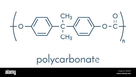 Polycarbonate (PC) plastic, chemical structure. Made from phosgene and bisphenol A. Skeletal ...