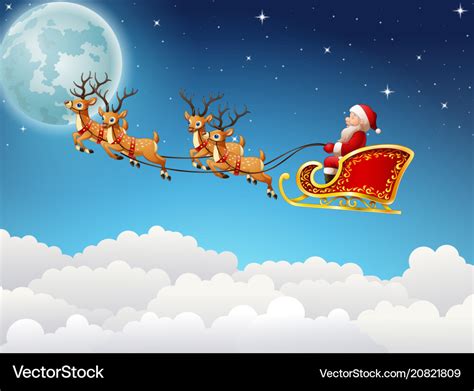 Santa claus rides reindeer sleigh flying in sky Vector Image