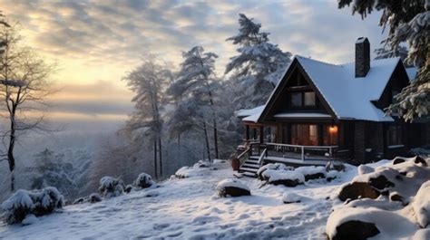 Premium AI Image | A photo of a snowcovered cabin with a stone fireplace nestled in a snowy valley