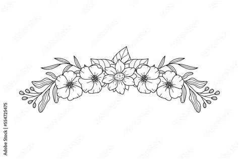 Horizontal floral border arrangement. Line art flowers and leaves. Line art style. Botanical ...