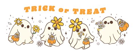 Group of cute Halloween ghosts with daisy flower, kawaii Retro floral ...