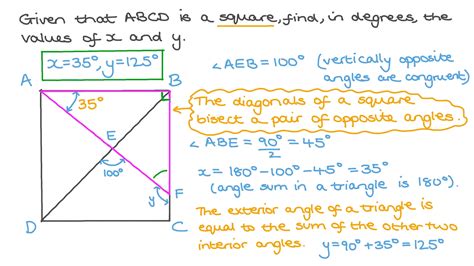 Question Video: Finding the Measure of Two Angles Inside a Square Using ...