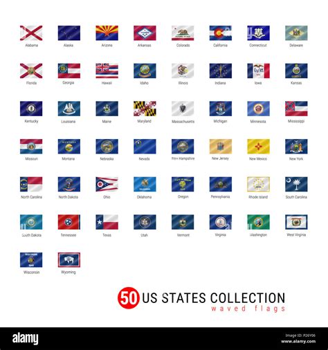 50 US States Flag Set. Official Flags of All 50 States. US States Waved Flags with Names Stock ...