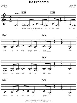 "Be Prepared" from 'The Lion King' Sheet Music for Beginners - Download & Print