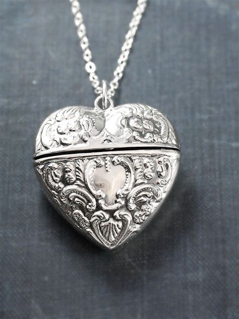 Large Sterling Silver Heart Locket Necklace, Filigree Repousse Victorian Style Pendant - Chatelaine