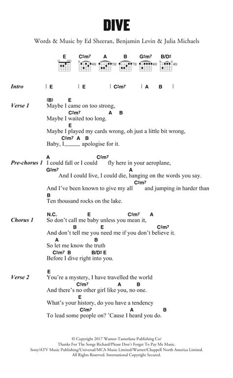 Dive by Ed Sheeran Sheet Music for Guitar Chords/Lyrics at Sheet Music ...