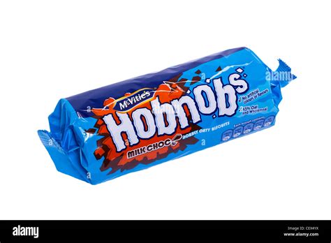 A packet of Mcvitie's milk chocolate Hobnobs biscuits on a white ...