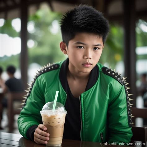 Teenager with Spiky Hair Drinking Iced Coffee | Stable Diffusion Online