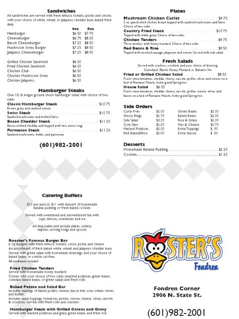 Roosters Menu | Hamburgers | North American Cuisine