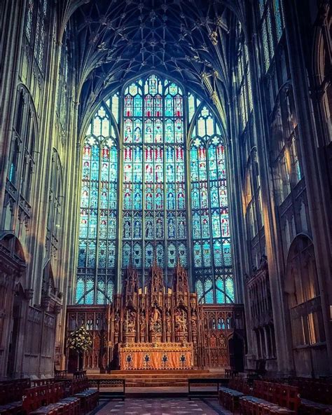 Gloucester Cathedral - The great east window rises above the high altar at Gloucester Cathedral ...