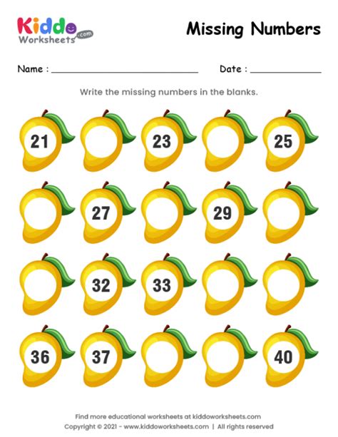 Free Printable Mango Missing Numbers 21-40 Worksheet - kiddoworksheets