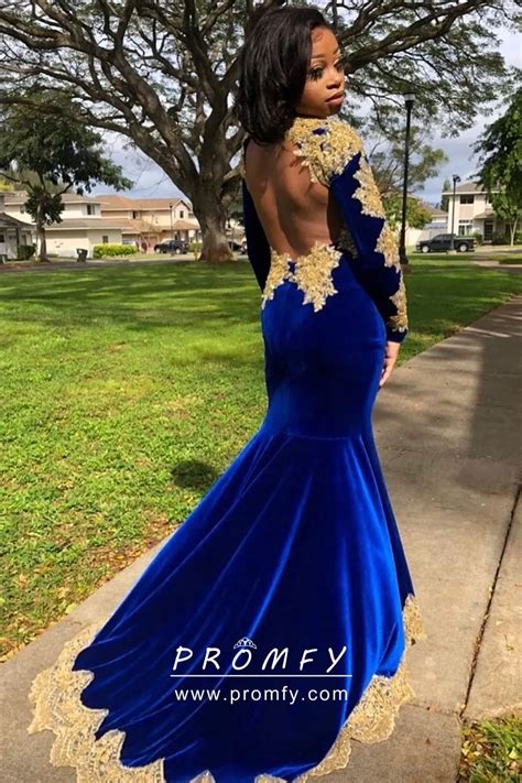 Open Back Gold Lace Royal Blue Mermaid Prom Dress - Promfy