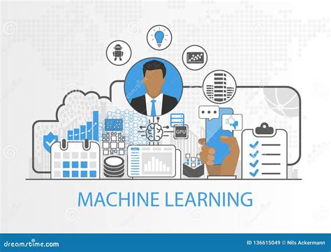 Machine Learning Vector Illustration with Business Man and Icons Stock Vector - Illustration of ...