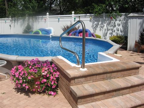 Semi Inground Pool with Inground Steps | Backyard pool landscaping, Pool steps, Pool landscaping