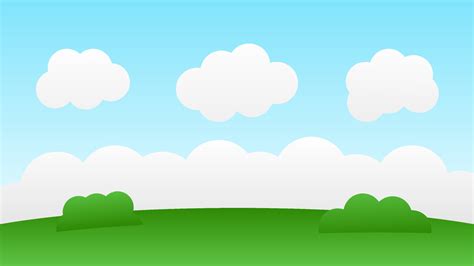 landscape cartoon scene with green trees on hills and white fluffy cloud in summer blue sky ...