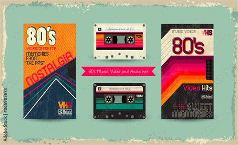 VHS tape. Vector beta tape and cassette box old graphic in 80s style. Awesome super video hits ...