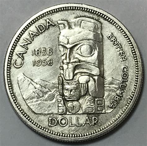 1958 Canada British Columbia 100th Anniversary Totem Pole Silver Dollar ...