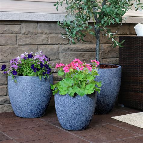 Sunnydaze Estate Fiber Clay Planter Flower Pot, Durable Indoor/Outdoor Sets, Gray Sandstone in ...