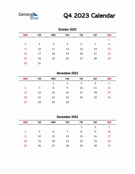 Three-Month Calendar Template - Q4 2023