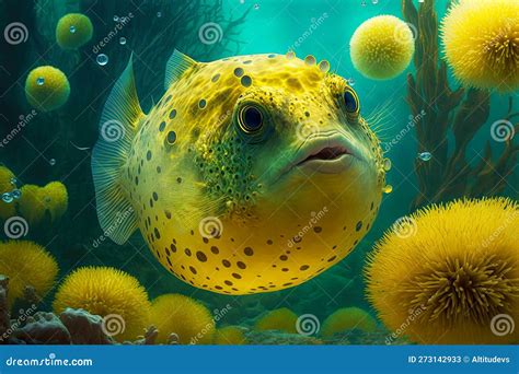 Inflated Puffer Fish in Turquoise Water among Yellow Corals Stock ...