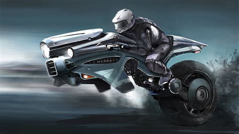 a man riding on the back of a futuristic motorcycle