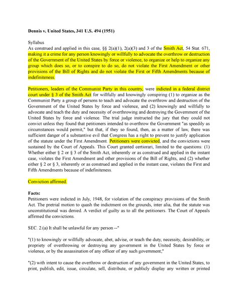 Dennis v US - constitution - Dennis v. United States, 341 U. 494 (1951 ...