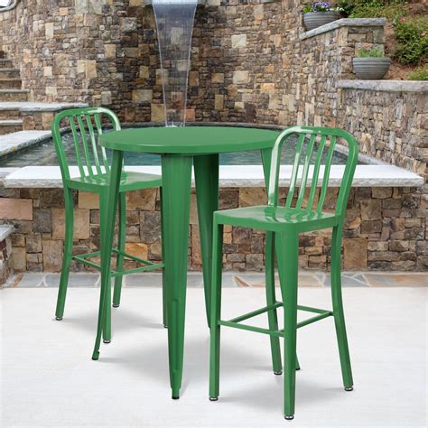 Flash Furniture 30" Round Metal Indoor-Outdoor Bar Table Set with 2 Vertical Slat Back Barstools ...