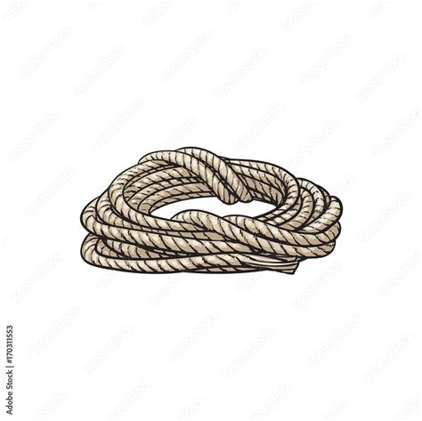 Roll of ship rope, side view cartoon vector illustration isolated on white background. Cartoon ...