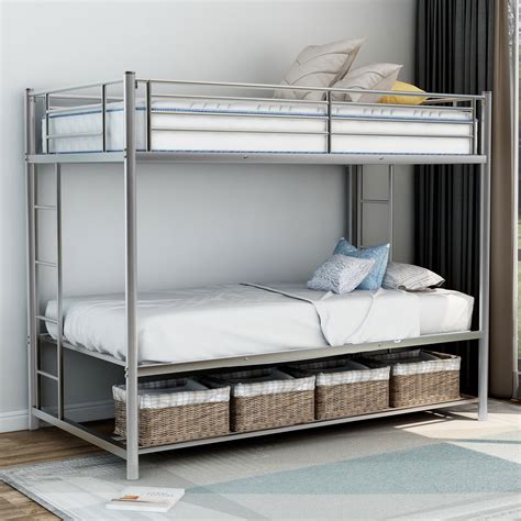 EUROCO Metal Twin Over Twin Bunk Bed Frame With Storage Shelf, Silver ...