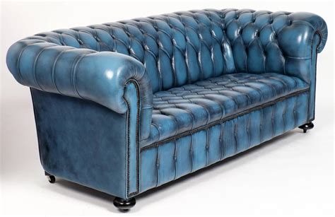 Vintage Steel Blue Leather Chesterfield Sofa at 1stdibs