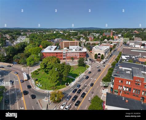 Watertown Square and Main Street aerial view in historic city center of ...