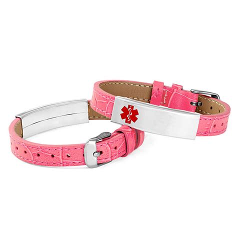 Adjustable Pink Leather Medical Alert Bracelet