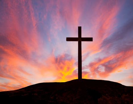 Silhouette Of A Wooden Cross On A Hill With A Sunset Stock Photo - Download Image Now - iStock