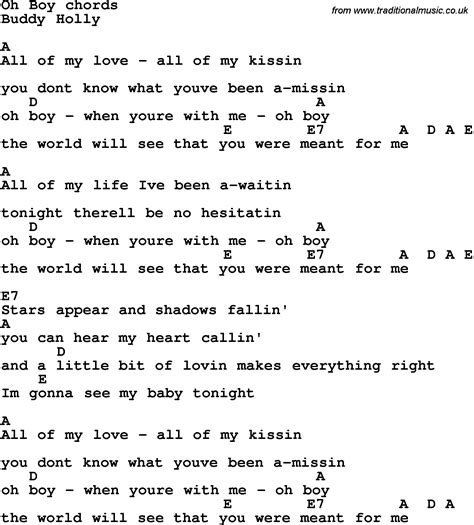 Song lyrics with guitar chords for Oh Boy